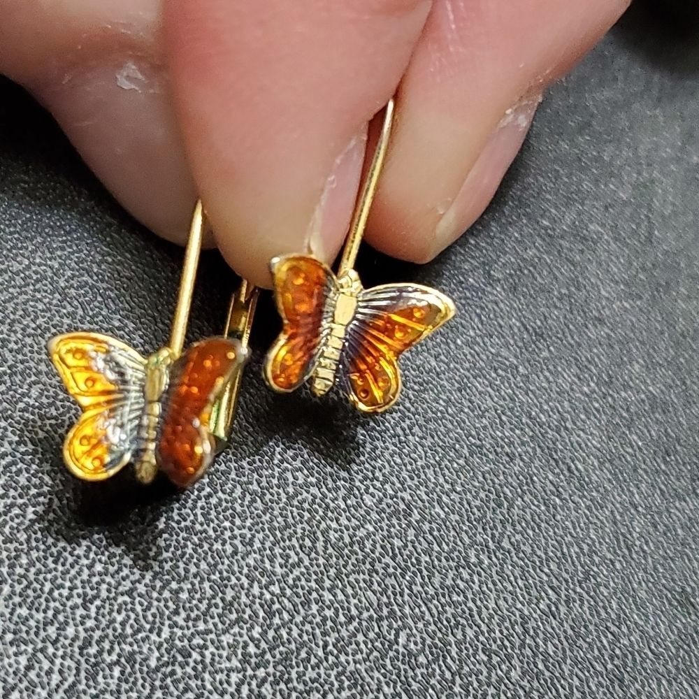 *Sale* Gold tone orange enamel butterfly earrings dangling dainty